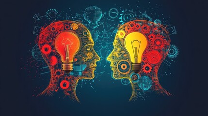 Vector illustration of two human heads made of gears with a light bulb inside, symbolizing collaboration.