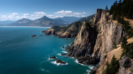 A panoramic view of the dramatic Oregon Coastline with rugged cliffs, turquoise ocean, and distant mountains