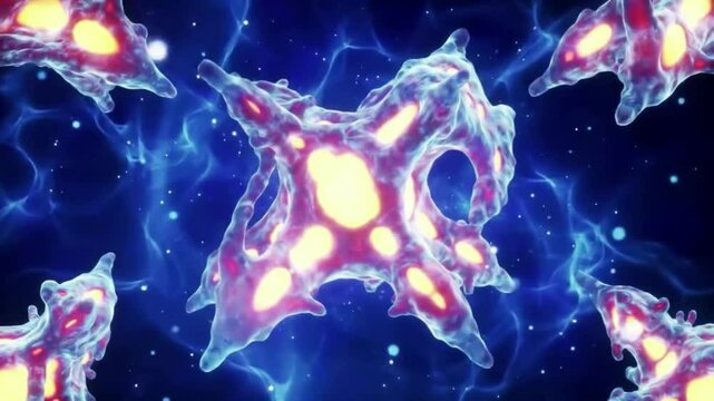 Microscopic Cellular Dance Dynamic Amoebalike Cells in Vibrant Blue Nebula.