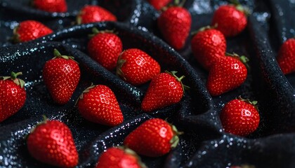 Fototapeta premium Fresh strawberries on dark fabric (1)