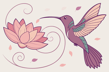 Obraz premium Hummingbird hovering near a lotus flower with swirling vines and falling petals in soft colors