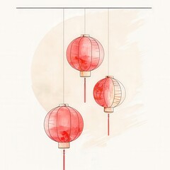 minimalist lunar new year lanterns red and gold line art .