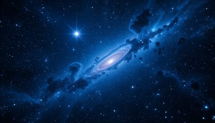 Vast cosmic spiral galaxy surrounded by bright stars and interstellar dust in deep space