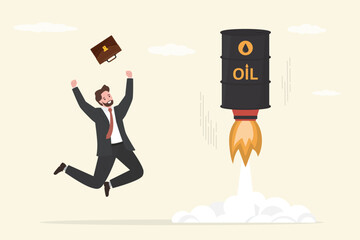 Rocket with crude oil barrel flying high up into sky. Price skyrocket reaching record. Happy trader or investor with profit. Rising oil prices.