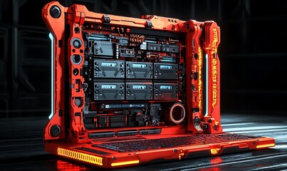 Futuristic computer device featuring mechanical internal structure and external casing