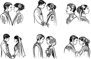 Indian wedding couple bride and groom in traditional attire with flower garlands