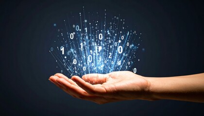 A composition with numerous numbers and data lines pouring like light onto a hand on a dark background