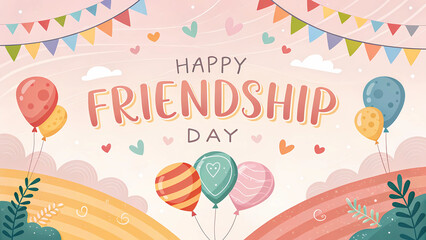 Happy friendship day celebration with balloons and colorful bunting vector illustration design image