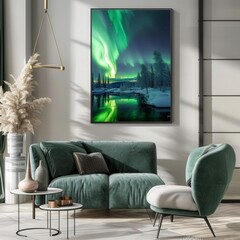 minimalist nordic aurora borealis over fjords .