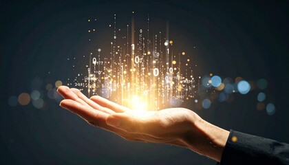 A composition with numerous numbers and data lines pouring like light onto a hand on a dark background