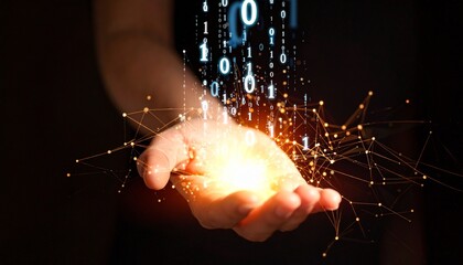 A composition with numerous numbers and data lines pouring like light onto a hand on a dark background