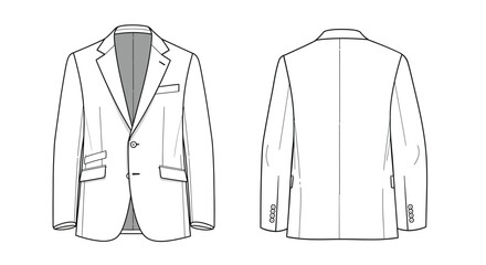 Naklejka premium Front and Back View Diagram of a Classic Tailored Blazer for Men Detailed Drawing