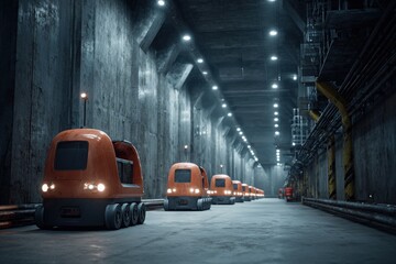 Autonomous mobile robots transporting parts through underground factory tunnels