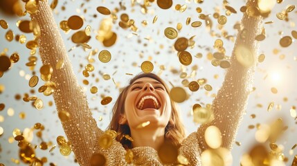 Ecstatic Woman Rejoicing Under Golden Coin Rain