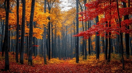 Vibrant Autumn Forest with Red and Yellow Leaves