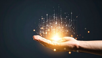 A composition with numerous numbers and data lines pouring like light onto a hand on a dark background