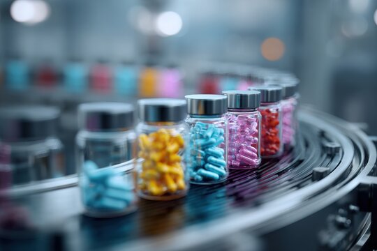 Blockchain-tracked pharmaceuticals moving through serialized packaging line 