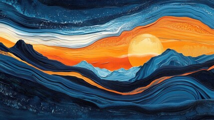 Vibrant Blue and Orange Abstract Landscape with Swirling, Layered Lines, Representing Artistic Expression