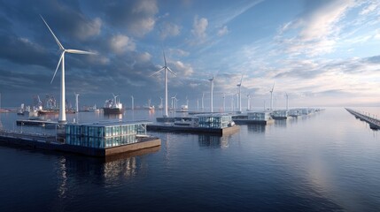 Blue economy dockyard building offshore wind turbines using recycled ocean plastics