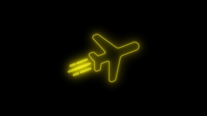 Glowing neon yellow airplane sign icon. Glowing neon yellow airplane soaring in a dark night sky with a vibrant trail. Airplane flight neon sign. airplane,  jet, air journey and transportation, flight