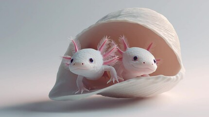 Two cute axolotls peeking out from a large seashell. The axolotls are white with pink gills and have small, round bodies. The background is soft and neutral.