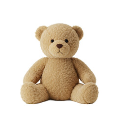 Brand-new, soft, fluffy, light brown teddy bear with dark features, sitting upright with a slight head tilt on a transparent surface against an transparent studio background, product