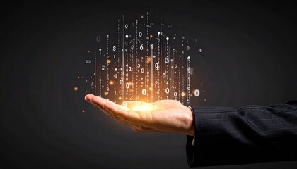 A composition with numerous numbers and data lines pouring like light onto a hand on a dark background