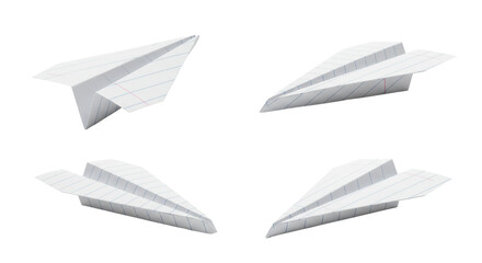 Four distinct paper airplanes uniquely folded from white lined notebook paper with blue lines and texture, varied designs, against a clean white background with generous copy space under diffused
