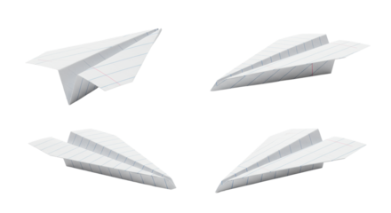 Four distinct paper airplanes uniquely folded from white lined notebook paper with blue lines and texture, varied designs, against a clean white background with generous copy space under diffused