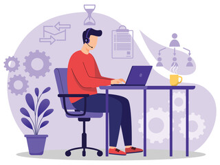 Man working remotely with laptop and headset