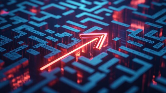 A bright red arrow points the way through a complex maze.  It suggests navigating challenges