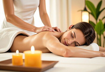 Obraz premium Young woman enjoying a relaxing spa treatment while lying on a massage table in a peaceful wellness salon