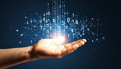 A composition with numerous numbers and data lines pouring like light onto a hand on a dark background