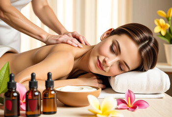 Naklejka premium Young woman enjoying a relaxing spa treatment while lying on a massage table in a peaceful wellness salon