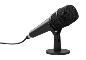 A sleek black professional dynamic microphone with a silver mesh grille and black audio cable, positioned diagonally against a pristine transparent background with no shadows and ample copy space,