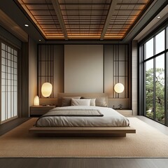 Serene minimalist bedroom with wooden platform bed, natural light, and Japanese-inspired design elements