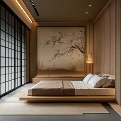 Serene minimalist bedroom with Japanese-inspired design featuring a low platform bed, shoji screen, and large wall art depicting a blossoming tree branch