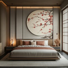 Serene bedroom with minimalist Asian-inspired design, featuring a large circular wall art depicting blossoming branches and a low platform bed
