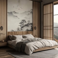 Serene bedroom with minimalist Japanese-inspired design, featuring a misty mountain mural, wooden floors, and sliding doors opening to a view