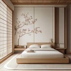 Serene minimalist bedroom with shoji screens, wooden platform bed, and a subtle Japanese-inspired wall art
