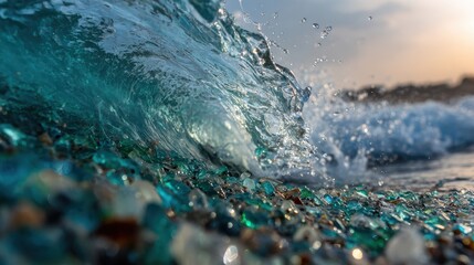 Obraz premium A close-up view of ocean waves crashing upon colorful glassy stones on the shore, highlighting nature's beauty.