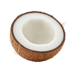 Half-coconut, meticulously split, dark brown fibrous husk, creamy white inner flesh, natural striations, against transparent isolated studio background, uniform shadowless light, macro lens detail,