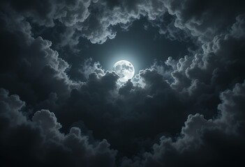Obraz premium Full moon shining brightly through swirling dark clouds in a night sky creating a mystical