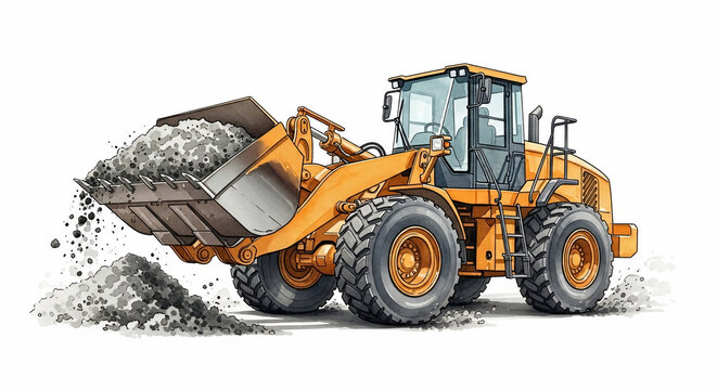 Yellow Front End Loader Moving Gravel on White Background