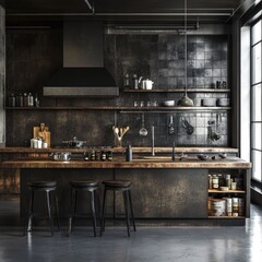 Dark industrial kitchen with wooden island, metal stools, and dark wall tiles