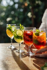 A photorealistic, side view portrait of three transparent glasses filled with vibrant drinks placed on a wooden table at a tropical beachside restaurant.