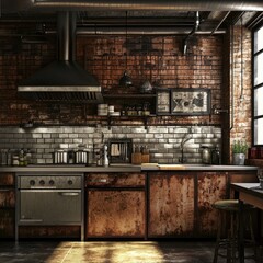 Rustic industrial kitchen with exposed brick, metal accents, and vintage appliances