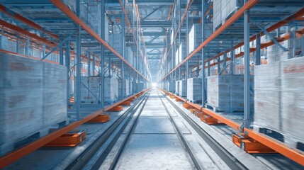 Fully automated cold storage facility with robotic palletizers operating , frost patterns on machinery 