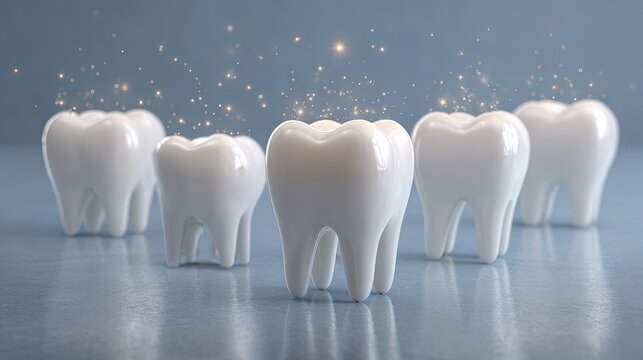 White 3D Tooth Models with Sparkling Effects on Blue Background for Dental Care, Oral Health, Pediatric Dentistry, and Professional Branding