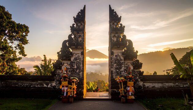 Bali Temple Gate at Sunrise with Volcano View.